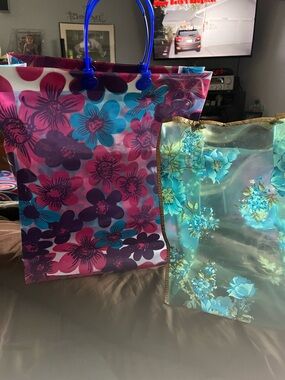 Vibrant Floral Vinyl Totes with Clear Blue Floral Bags